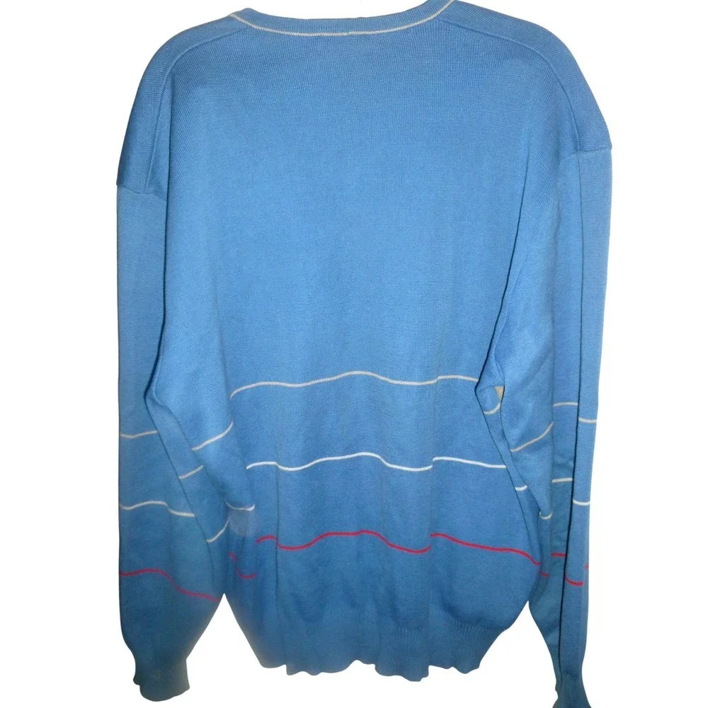 St Croix Knits Mens XL Blue V-Neck Sweater Abstract Stripe Mercerized Cotton USA